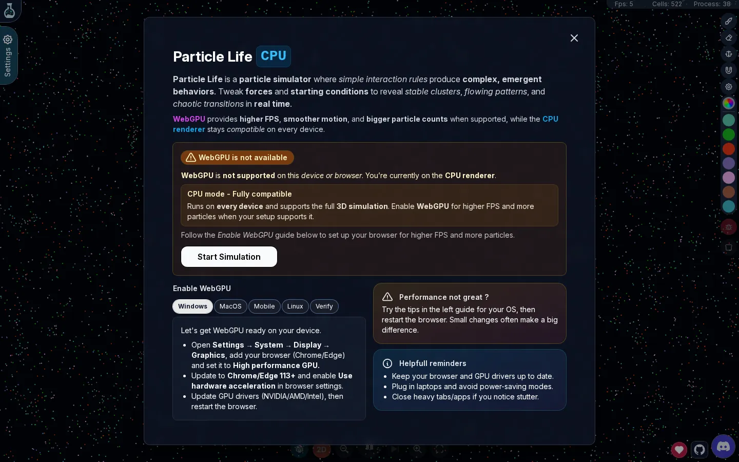 Particle Life website homepage screenshot