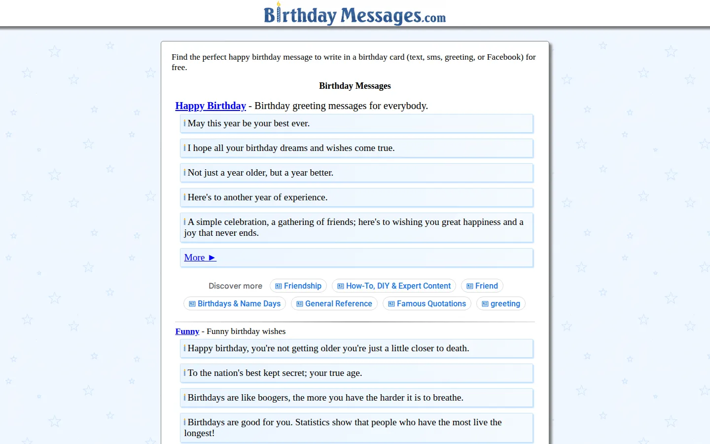 Birthday messages website homepage screenshot