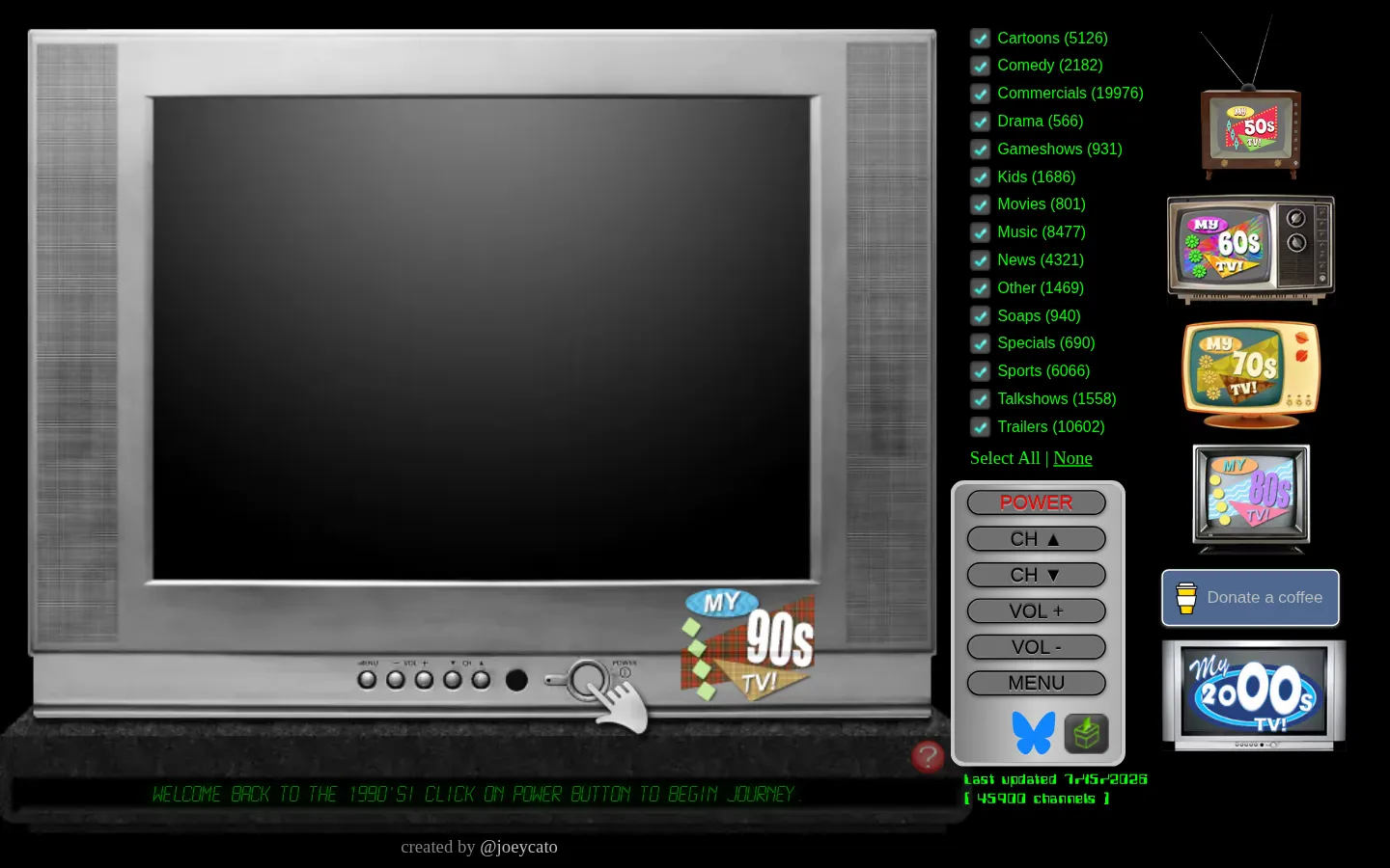 My 90s TV website homepage screenshot
