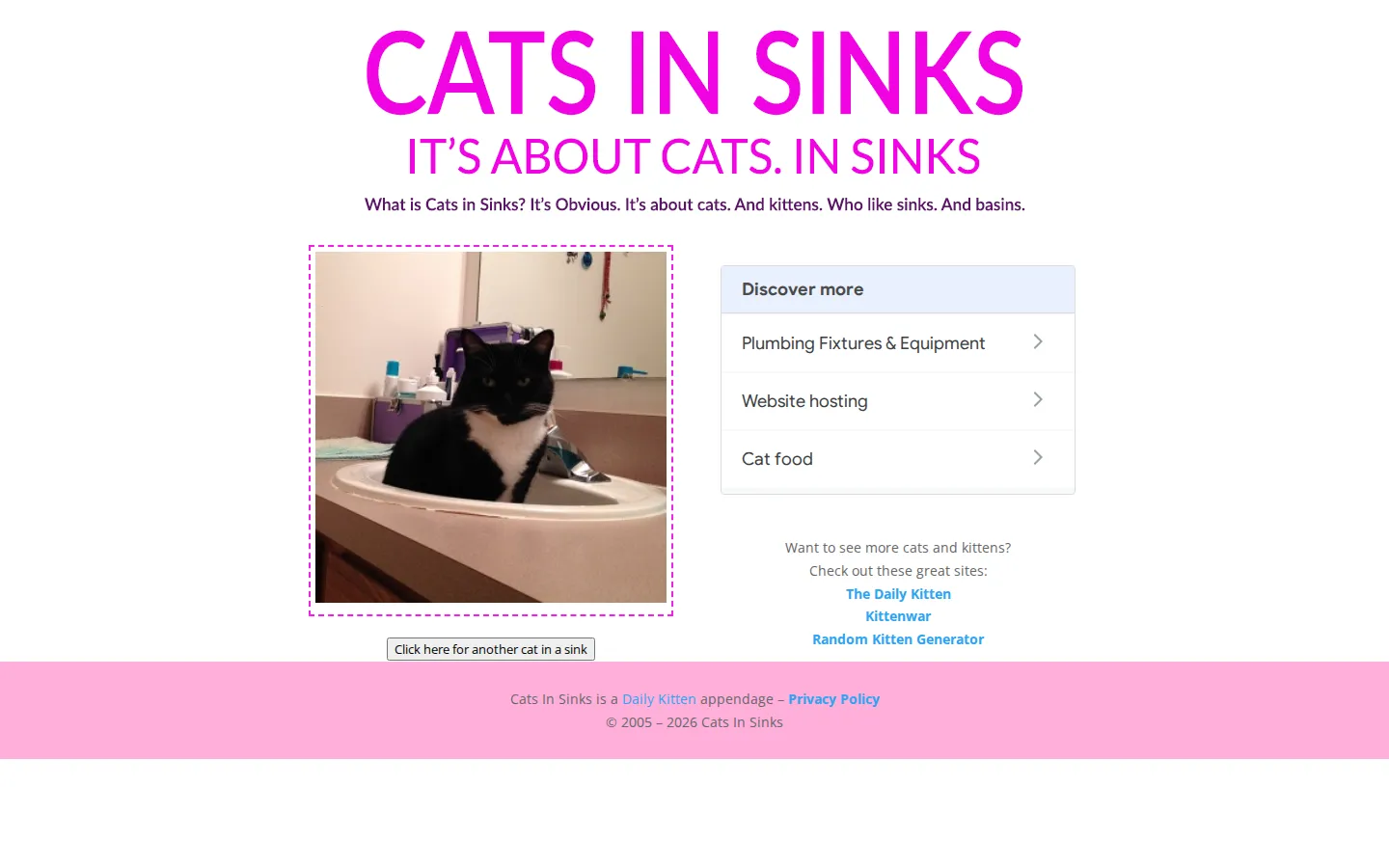 Cats in Sinks website homepage screenshot