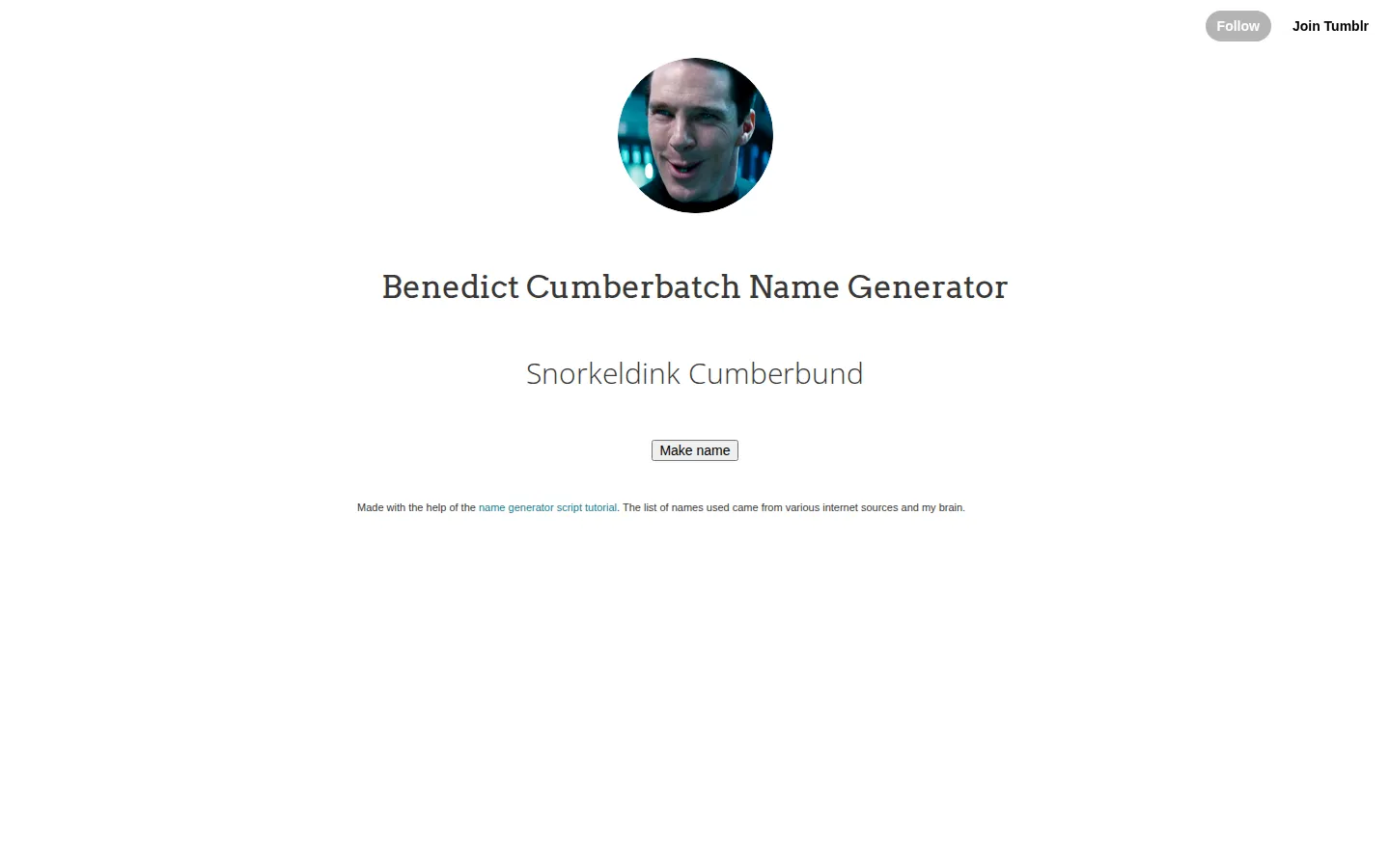 Benedict Cumberbatch generator website homepage screenshot