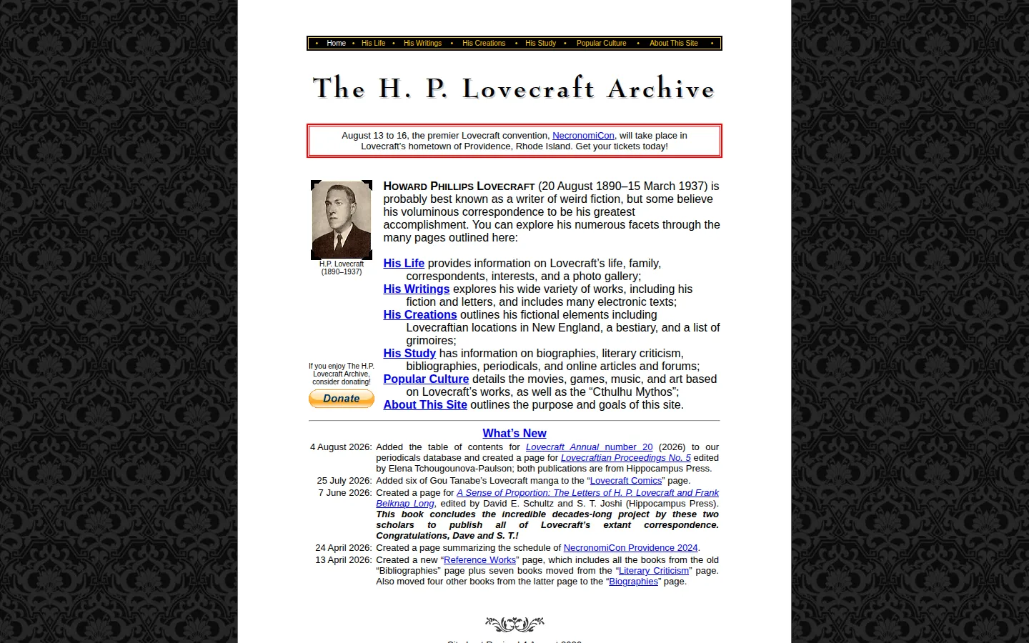 The H.P. Lovecraft Archive website homepage screenshot