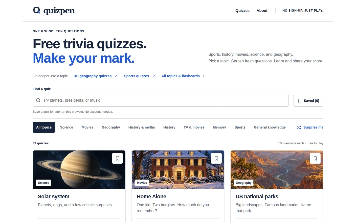 quizpen.com website homepage screenshot