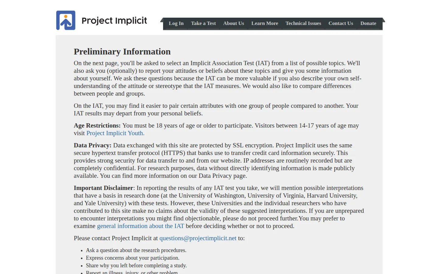 Project Implicit website homepage screenshot