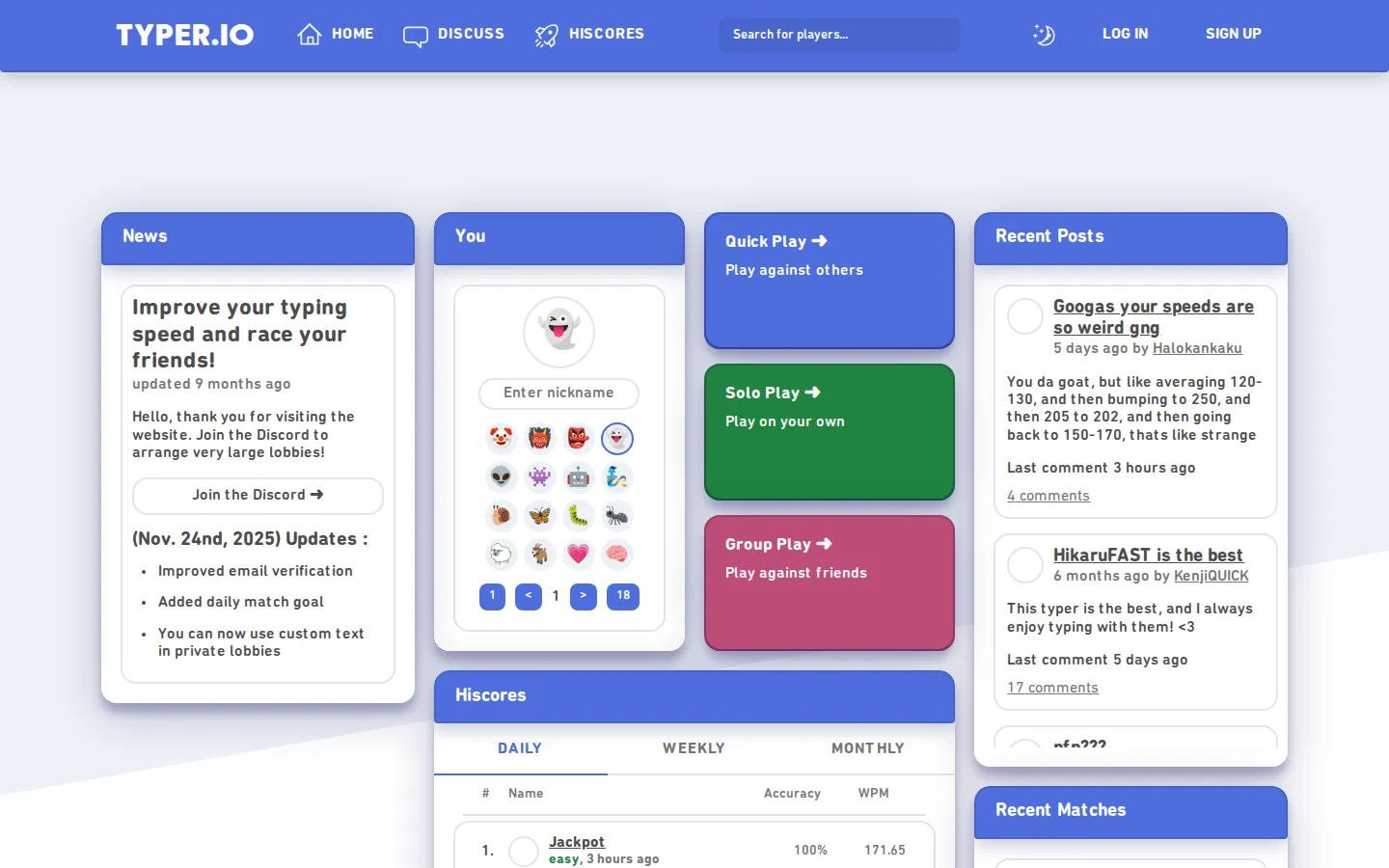 Typer.io website homepage screenshot