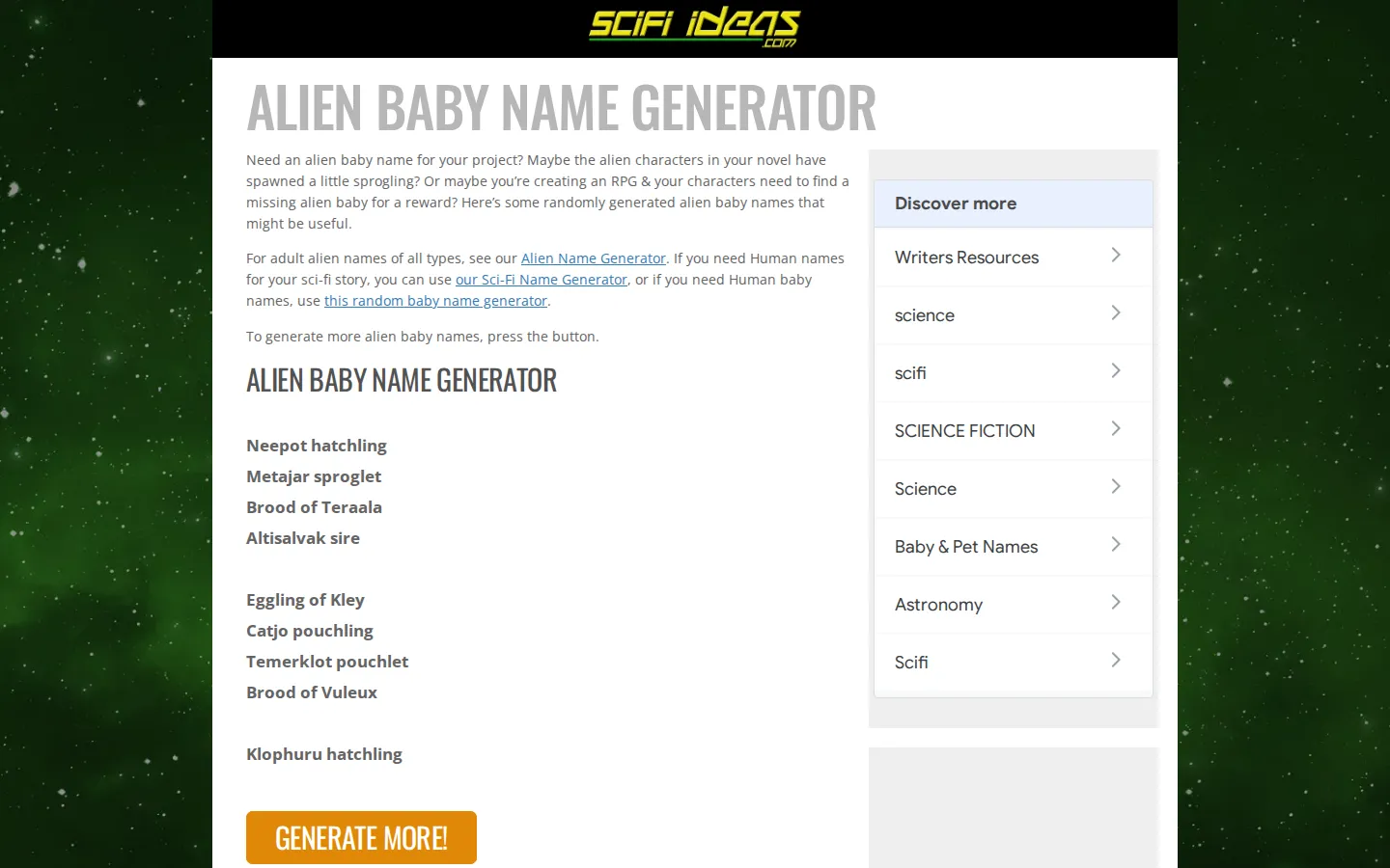 Alien baby name generator website homepage screenshot