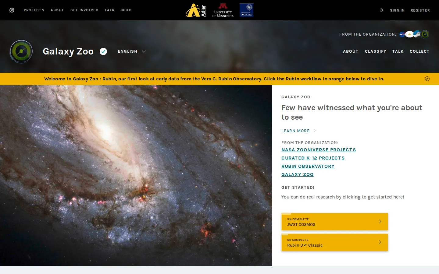 Galaxy Zoo website homepage screenshot