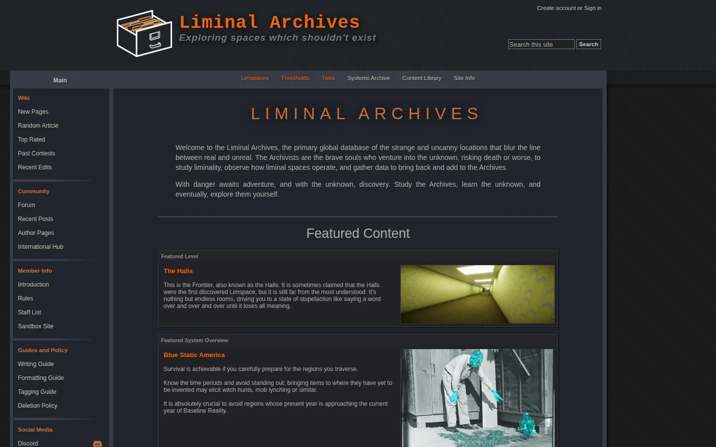 Liminal Archives website homepage screenshot