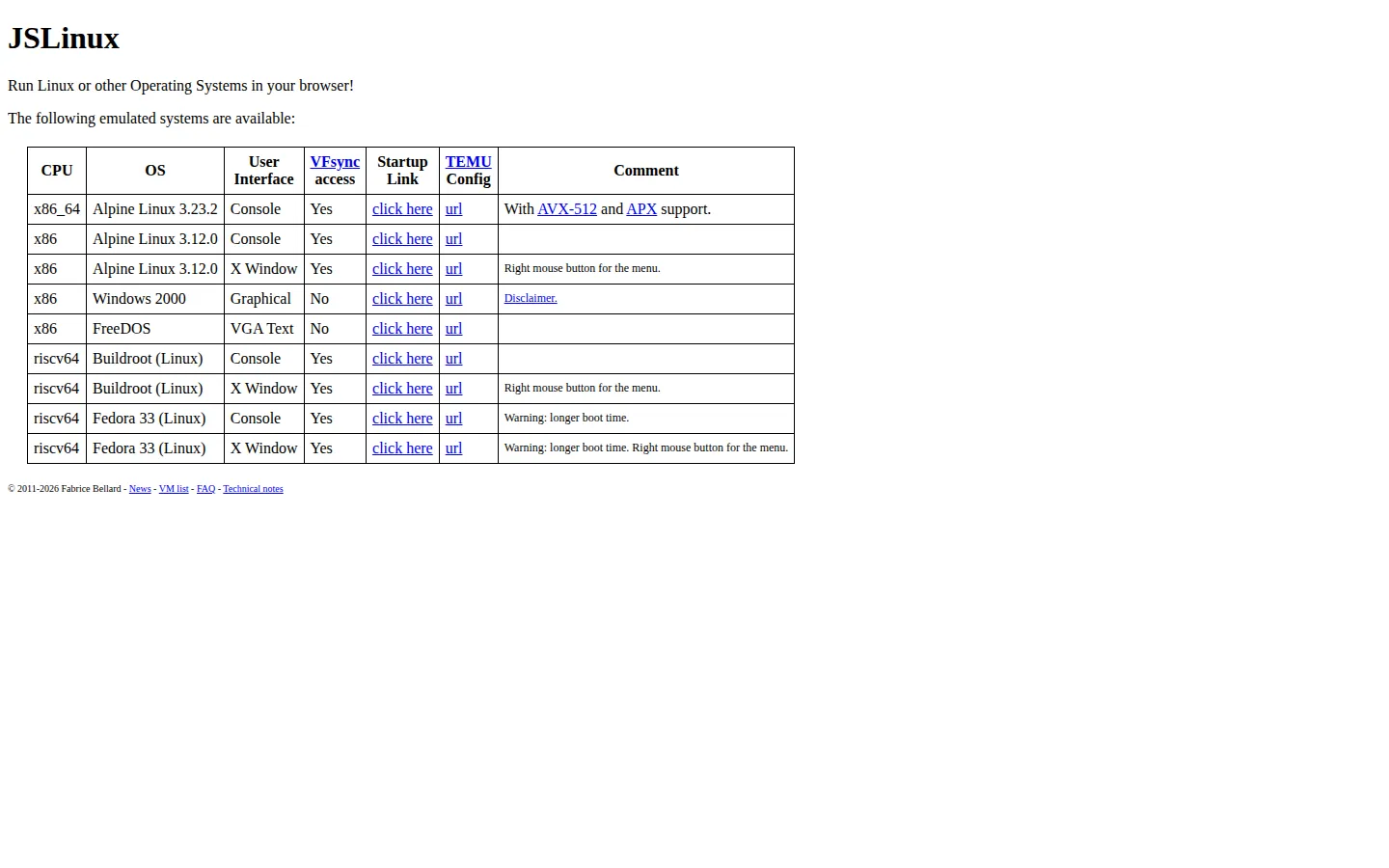 JSLinux website homepage screenshot