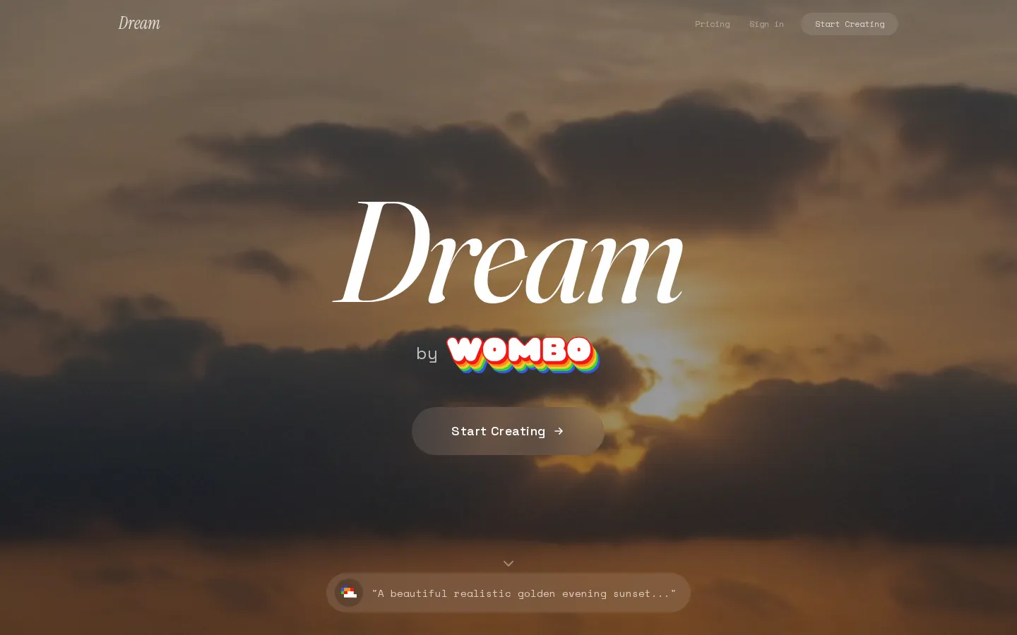 Wombo Dream AI website homepage screenshot