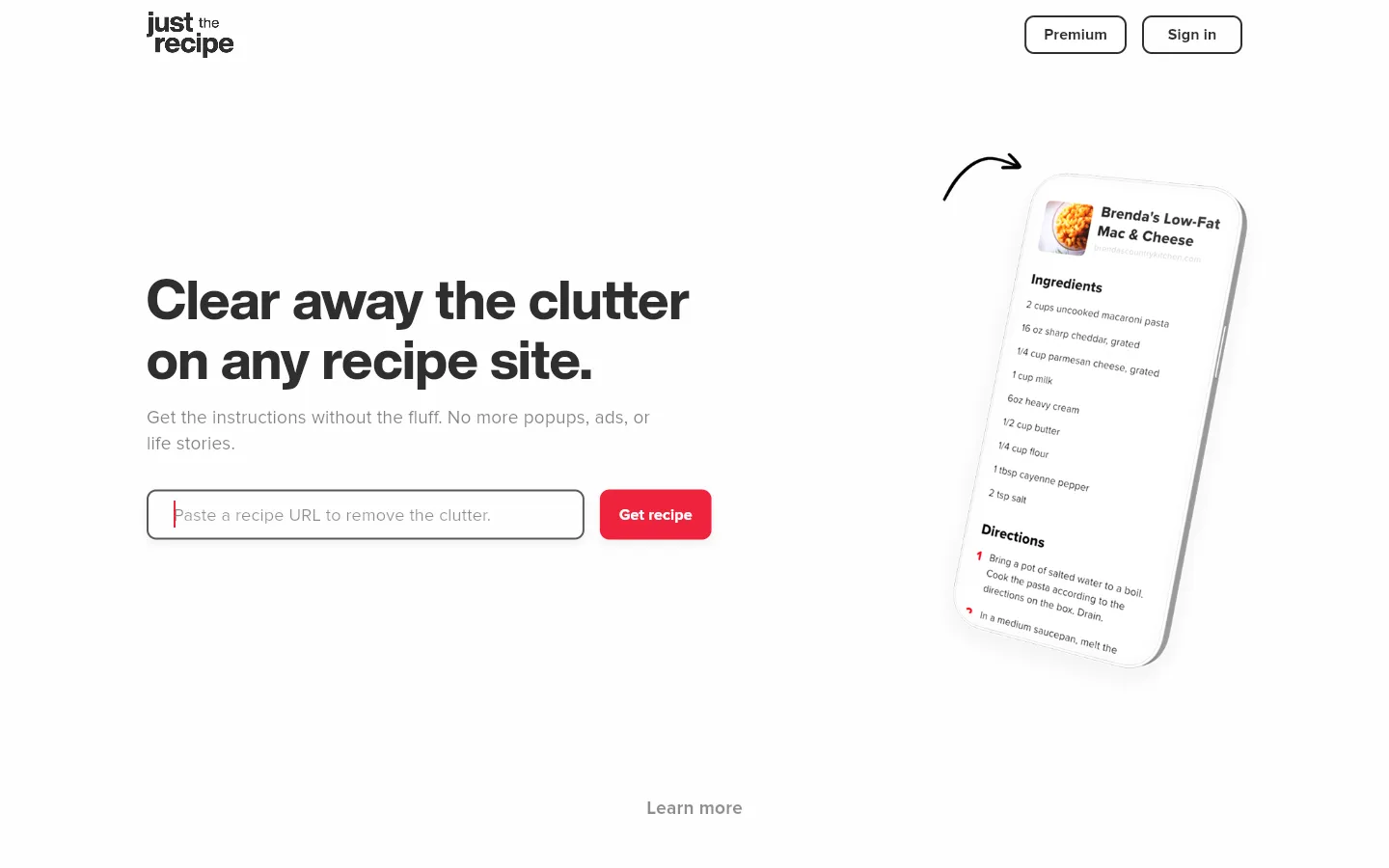 Just the Recipe website homepage screenshot
