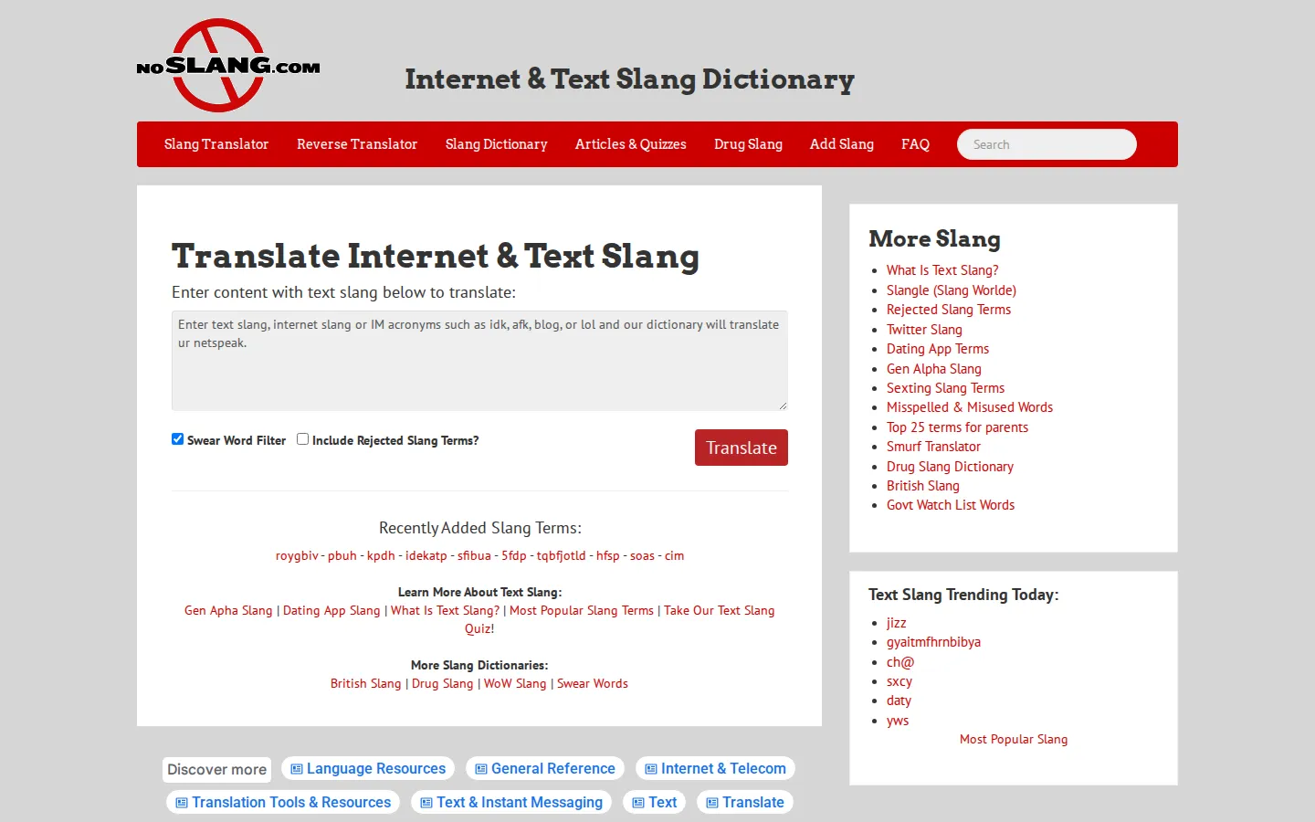 NoSlang website homepage screenshot