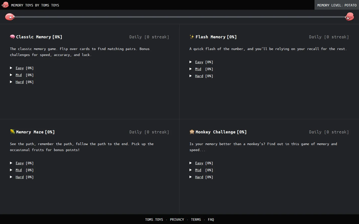 Memory Toys website homepage screenshot