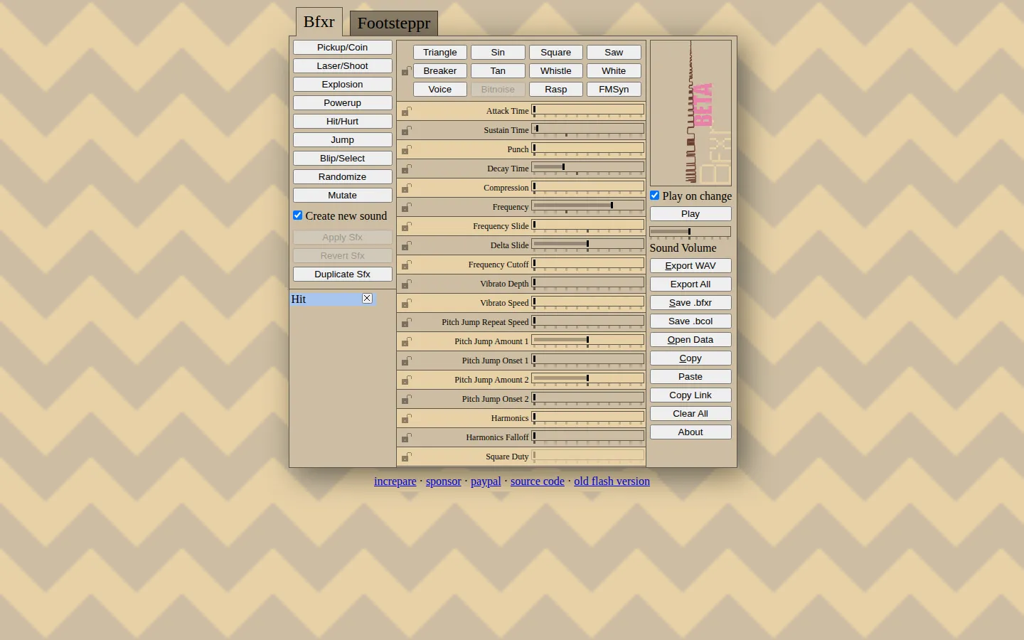 Bfxr website homepage screenshot
