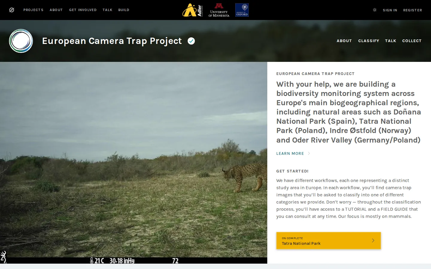 European Camera Trap Project website homepage screenshot