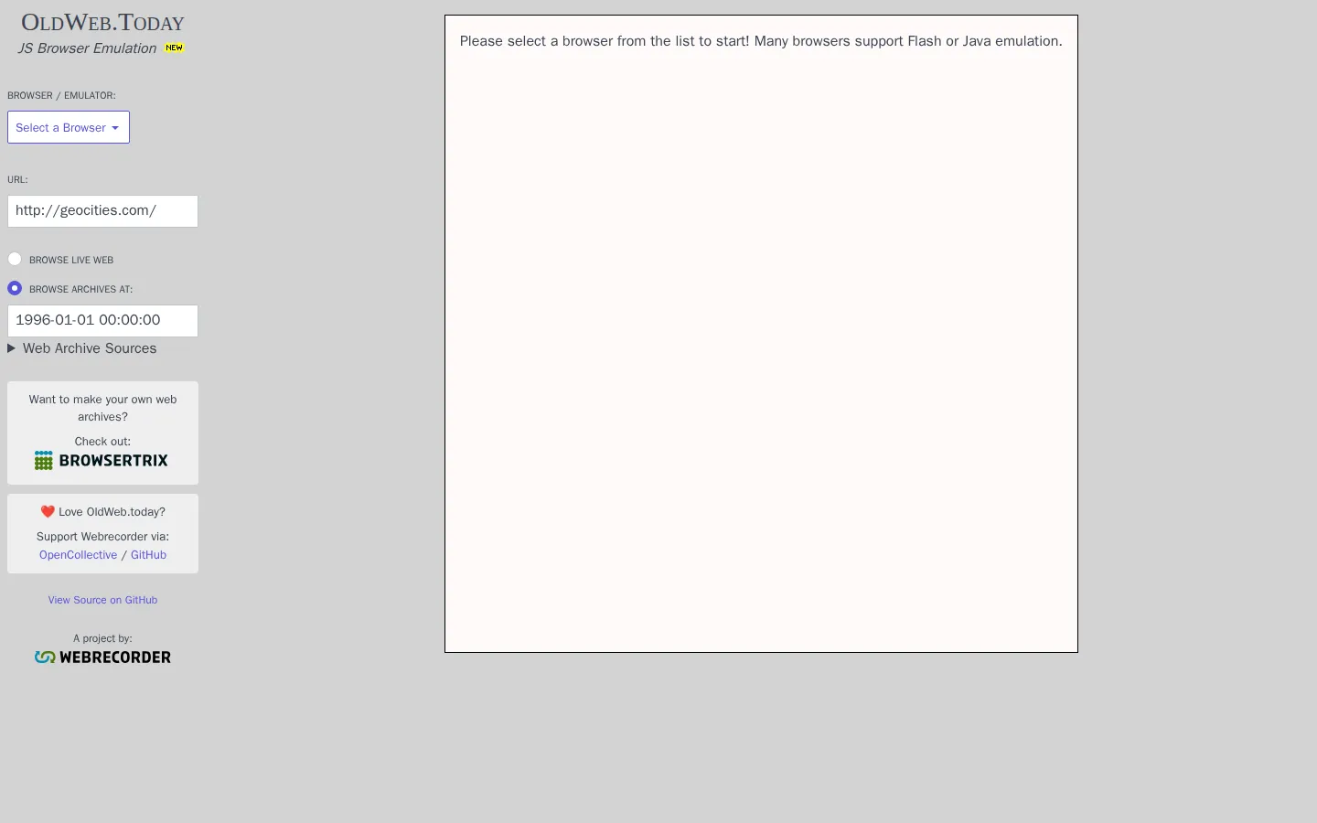 oldweb.today website homepage screenshot