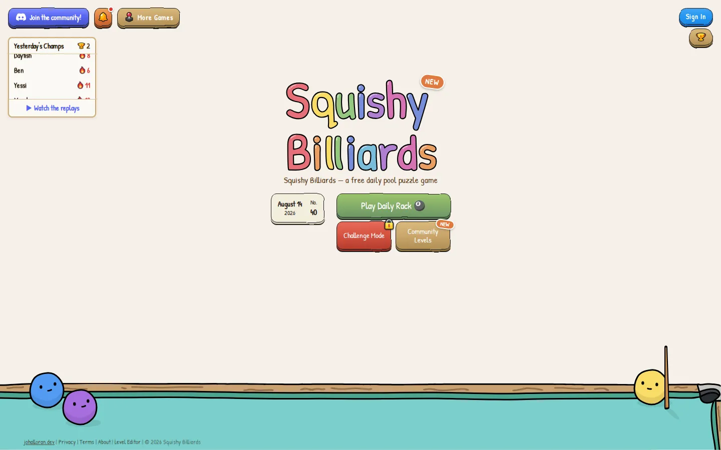 Squishy billiards website homepage screenshot