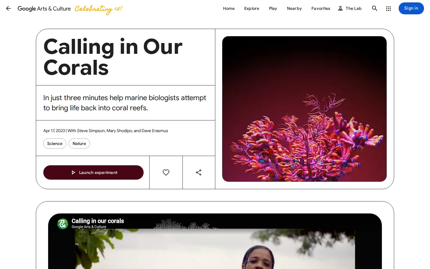 Calling in Our Corals website homepage screenshot