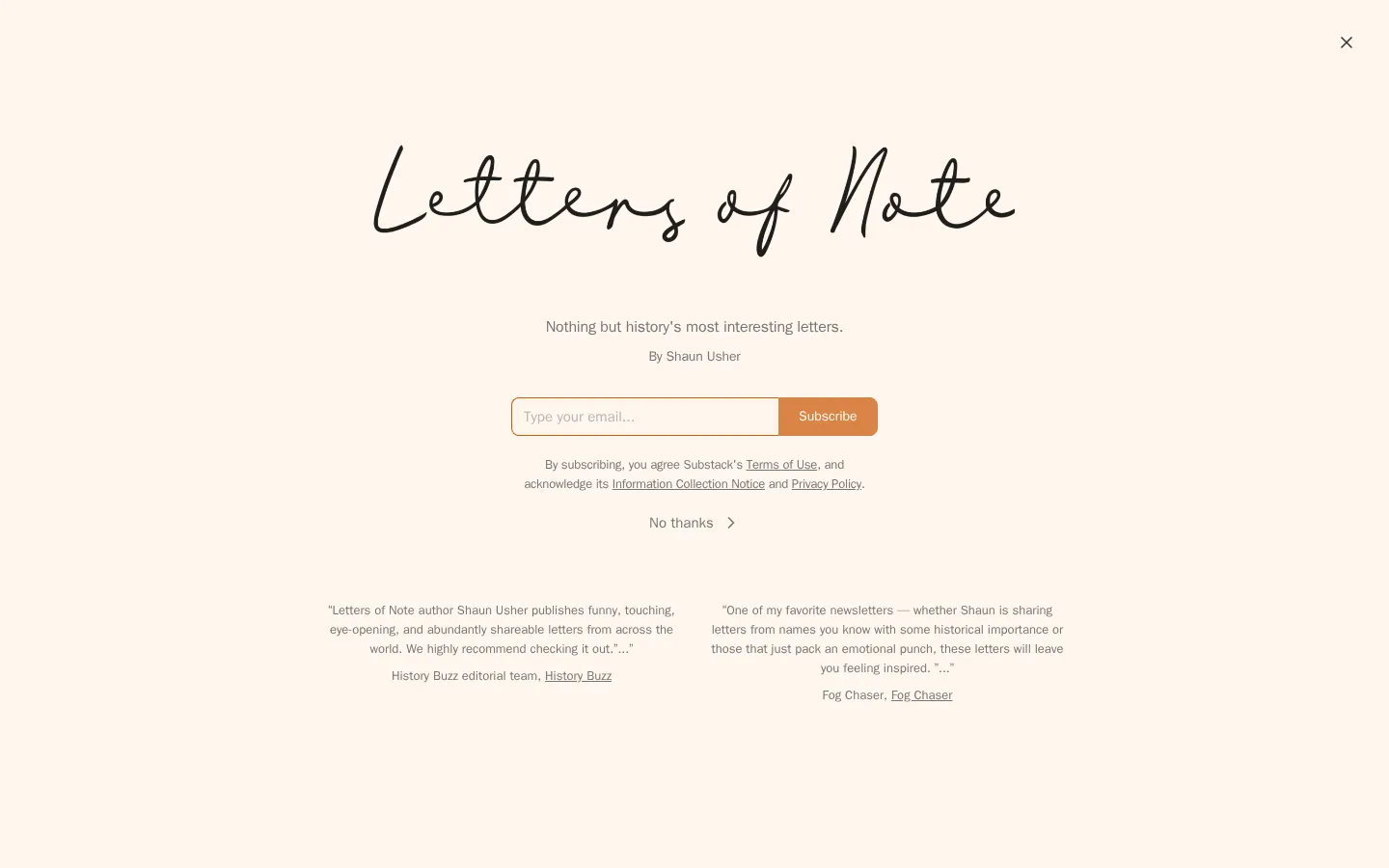 Letters of Note website homepage screenshot