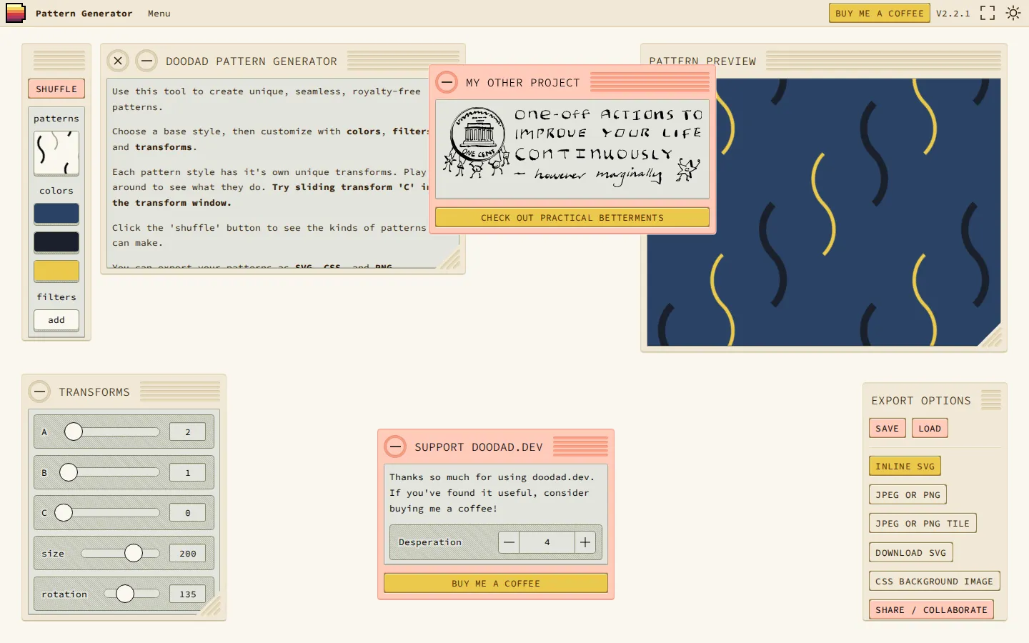 Doodad Pattern Generator website homepage screenshot