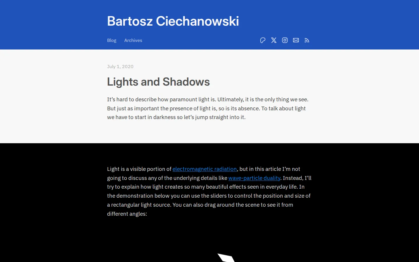 Lights and Shadows website homepage screenshot