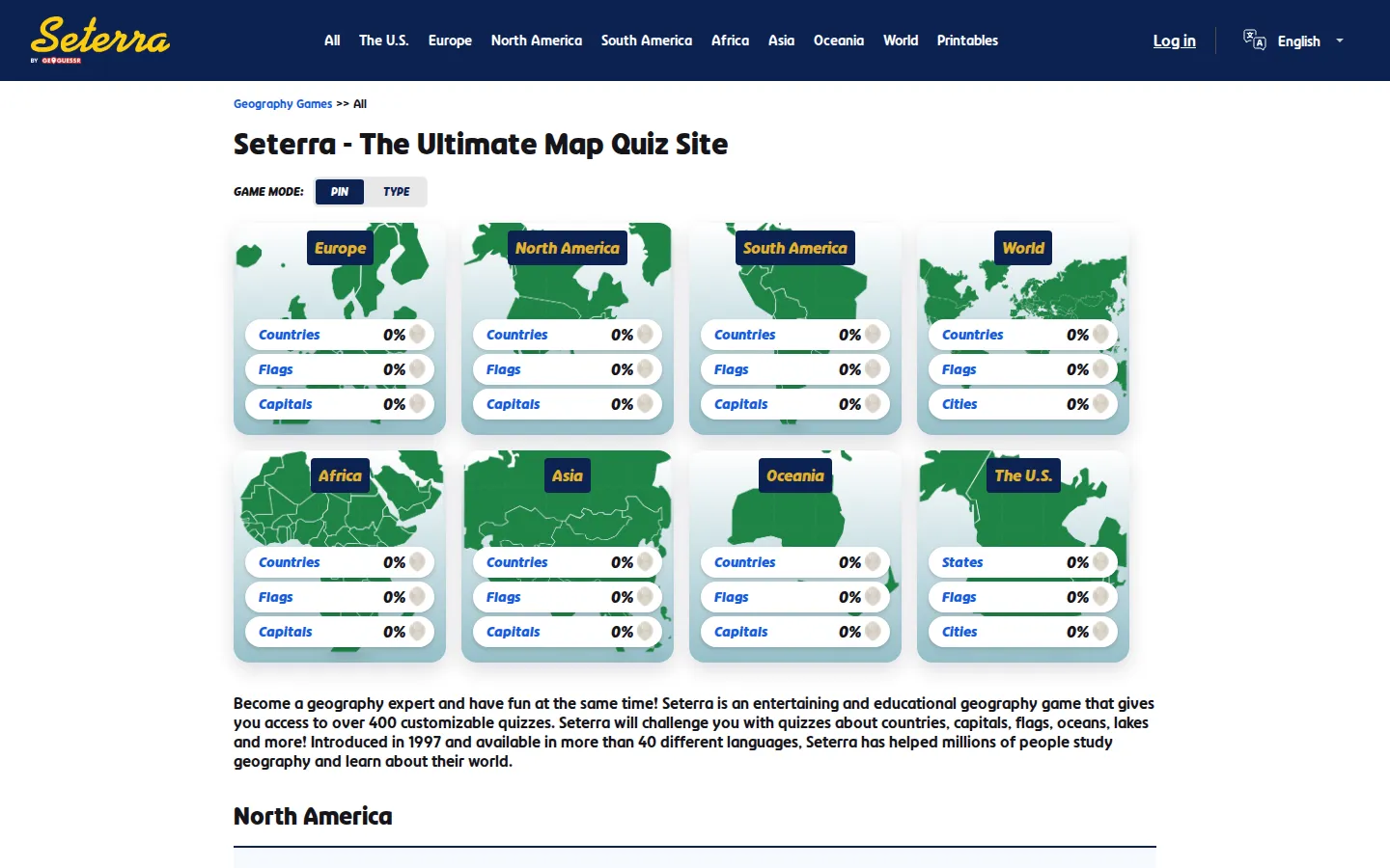 Seterra Geography website homepage screenshot