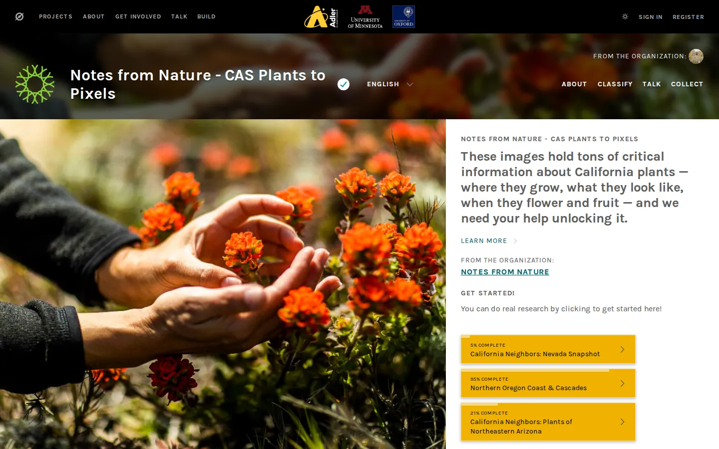 Notes from Nature - CAS Plants to Pixels website homepage screenshot