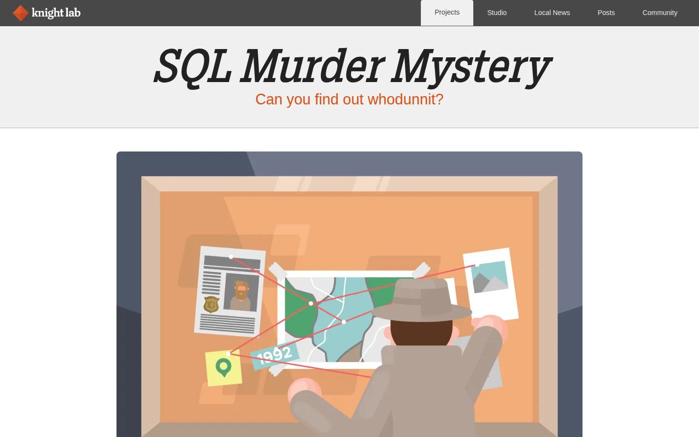 The SQL Murder Mystery website homepage screenshot