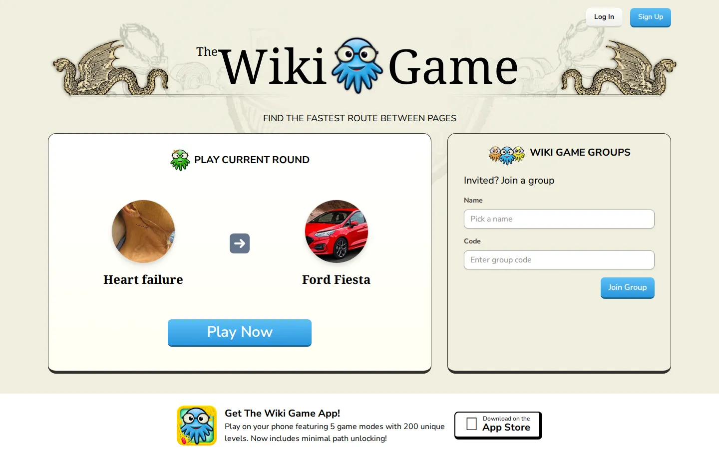 The Wiki Game website homepage screenshot