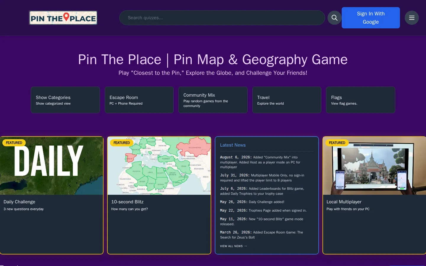 Pin The Place website homepage screenshot