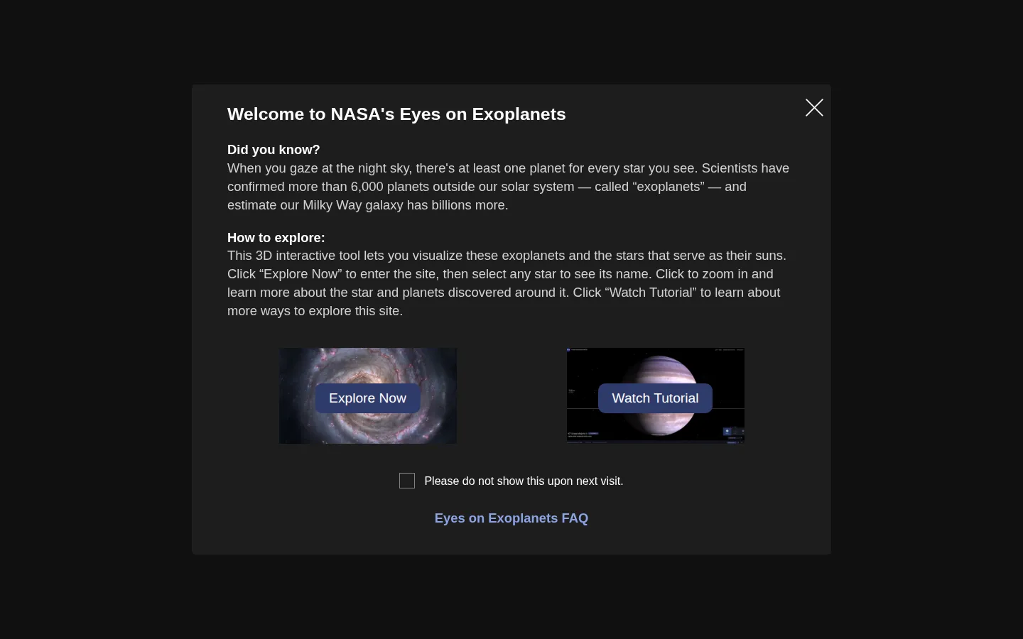Eyes on Exoplanets website homepage screenshot