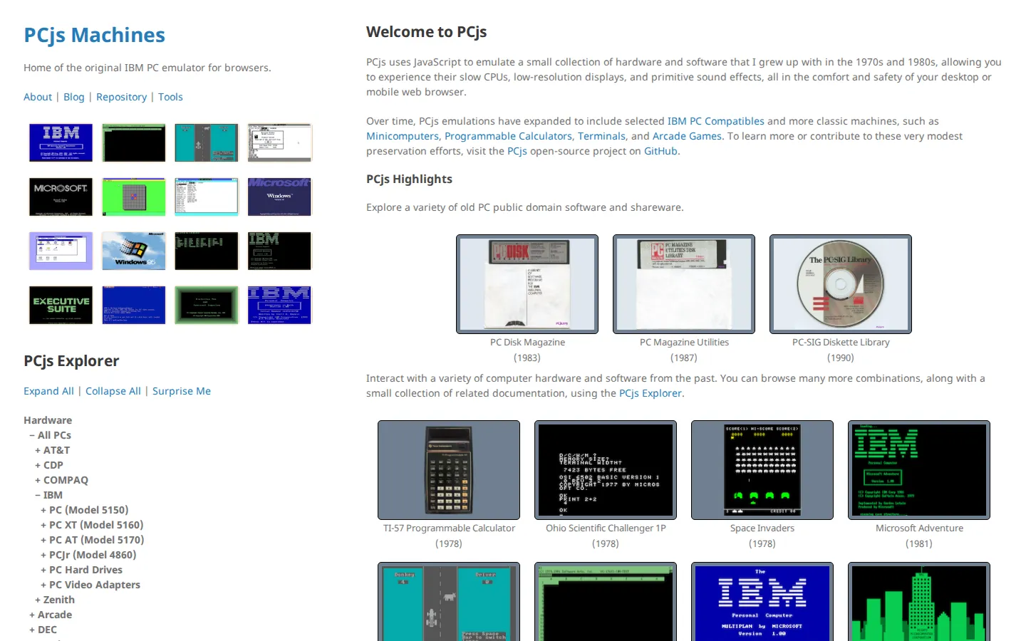 PCjs Machines website homepage screenshot