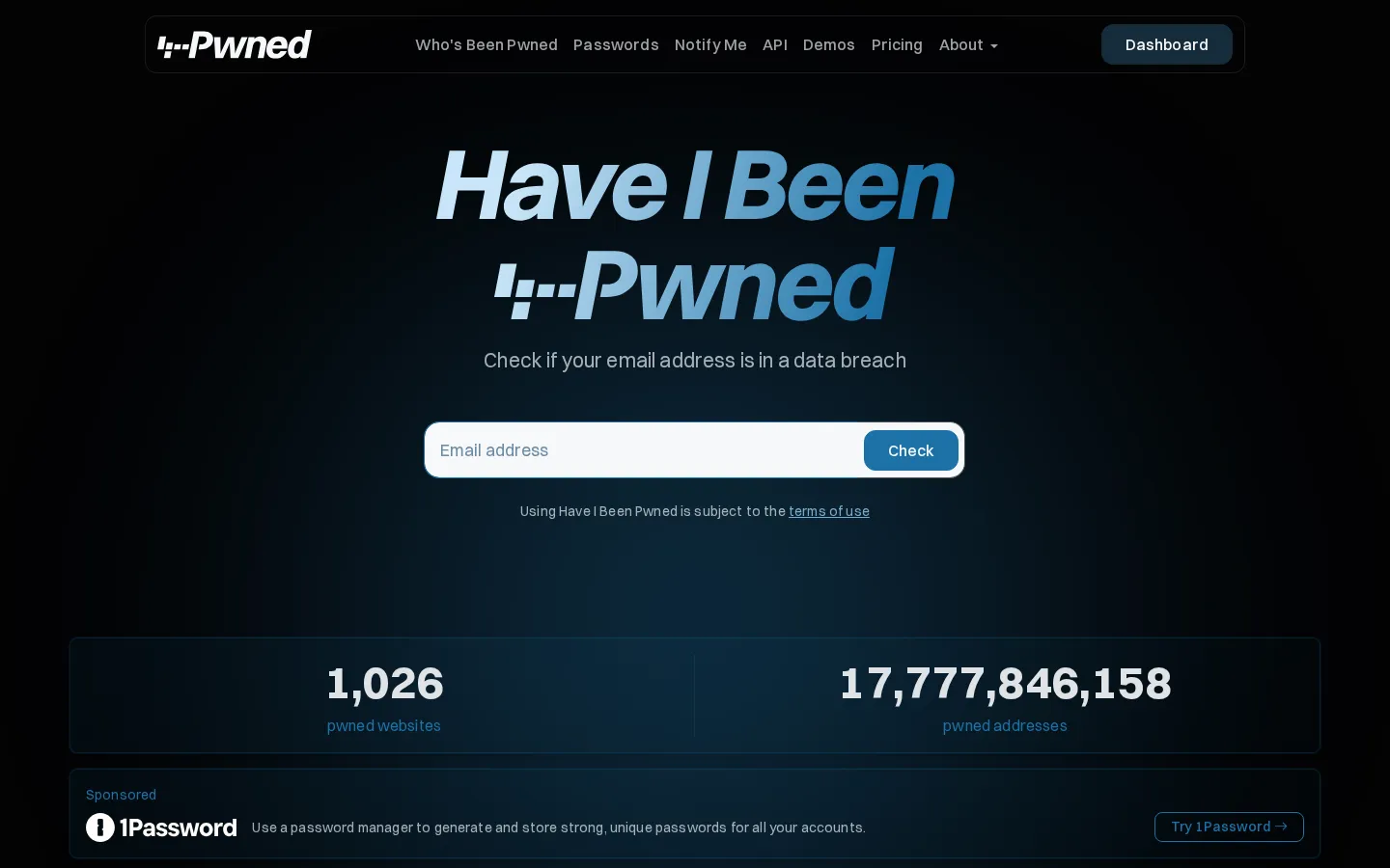 Have I Been Pwned? website homepage screenshot