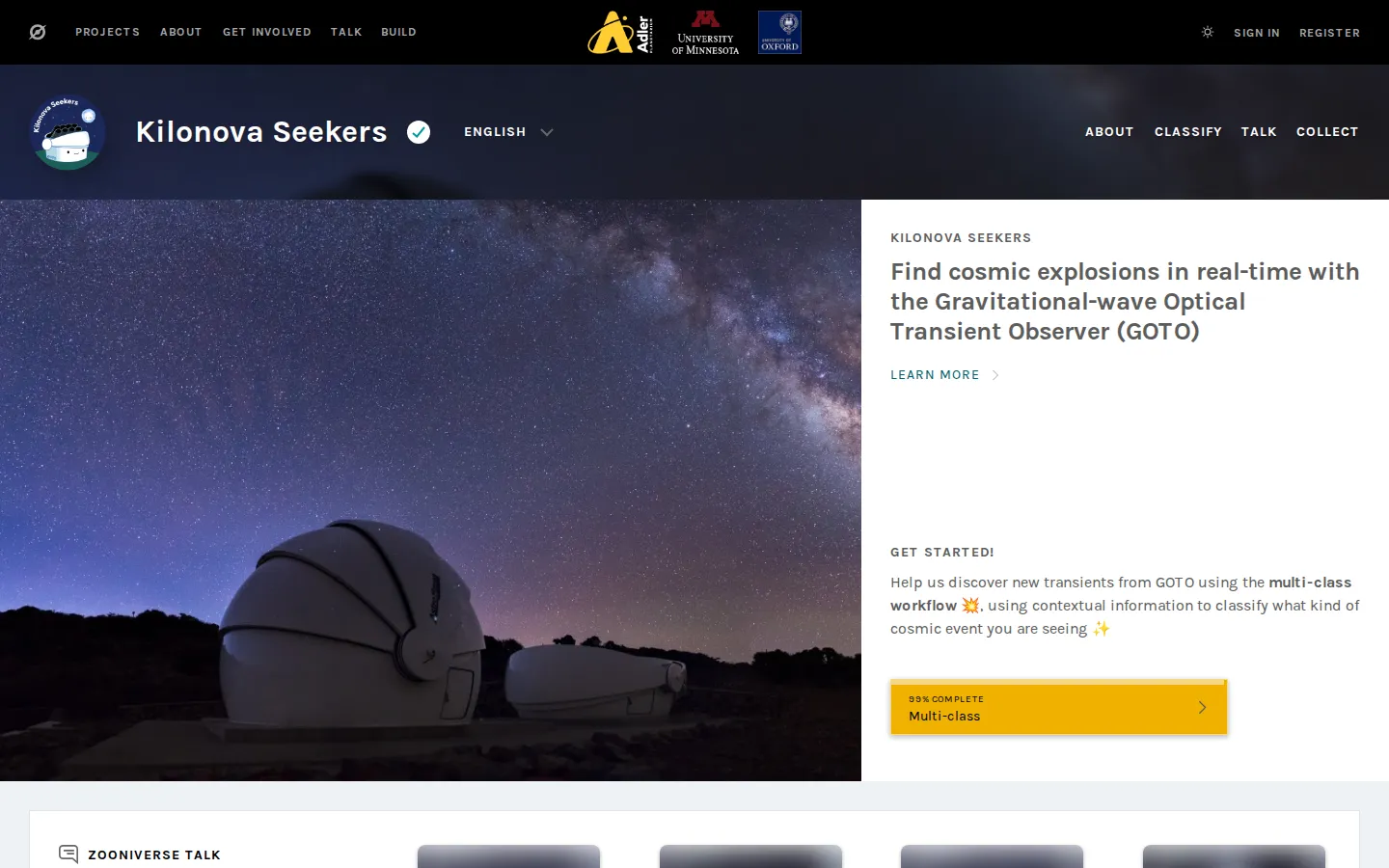 Kilonova Seekers website homepage screenshot
