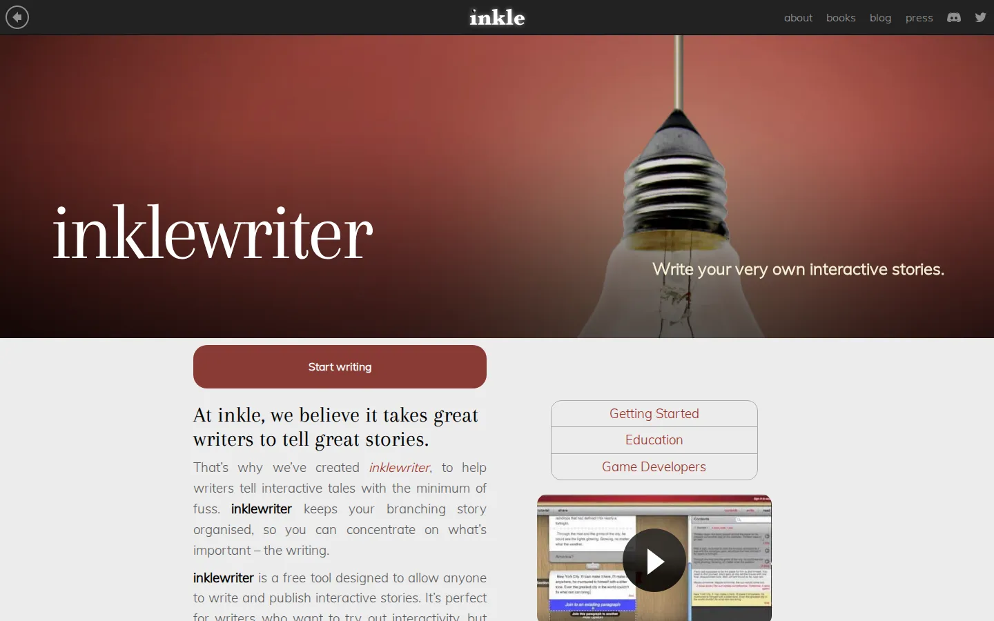 inklewriter website homepage screenshot