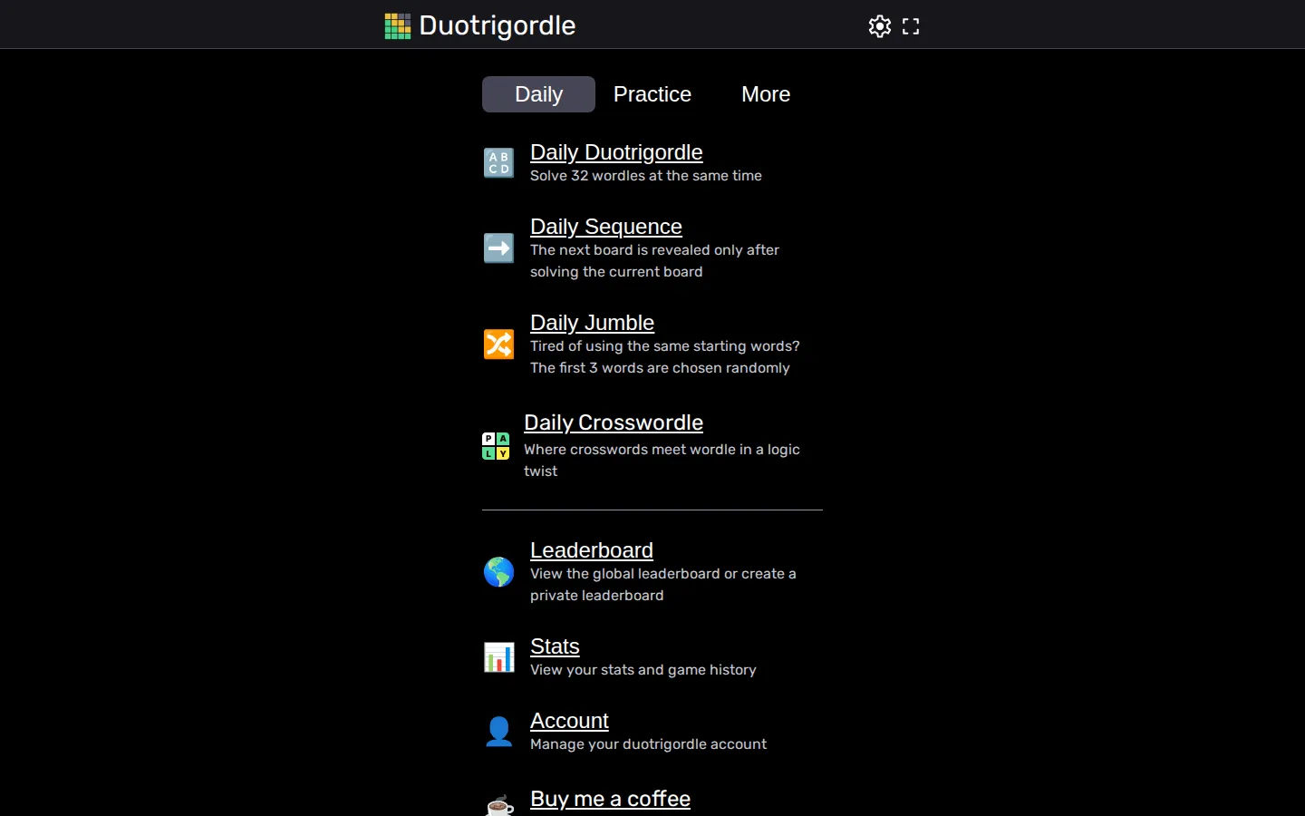 Duotrigordle website homepage screenshot