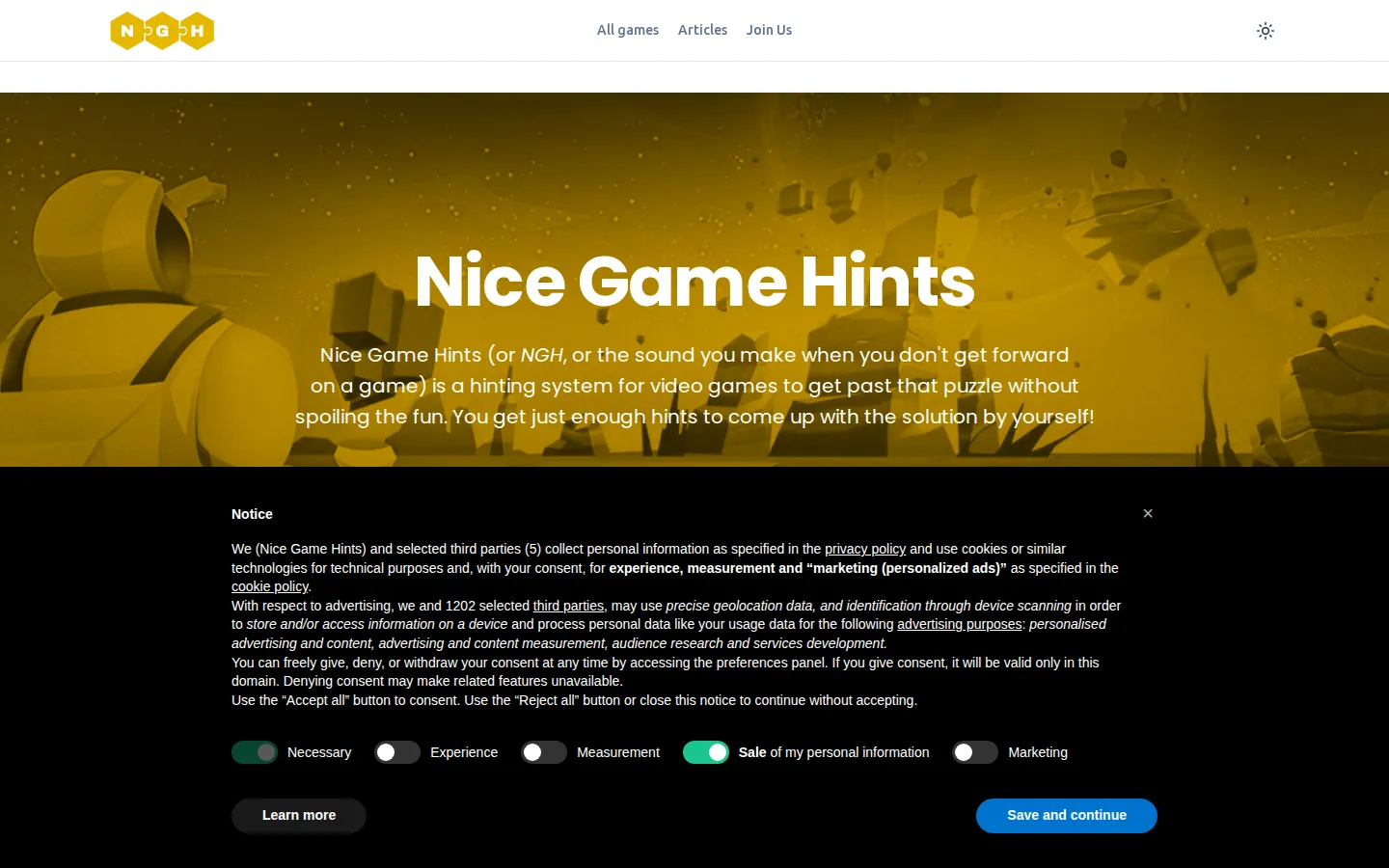 Nice Game Hints website homepage screenshot