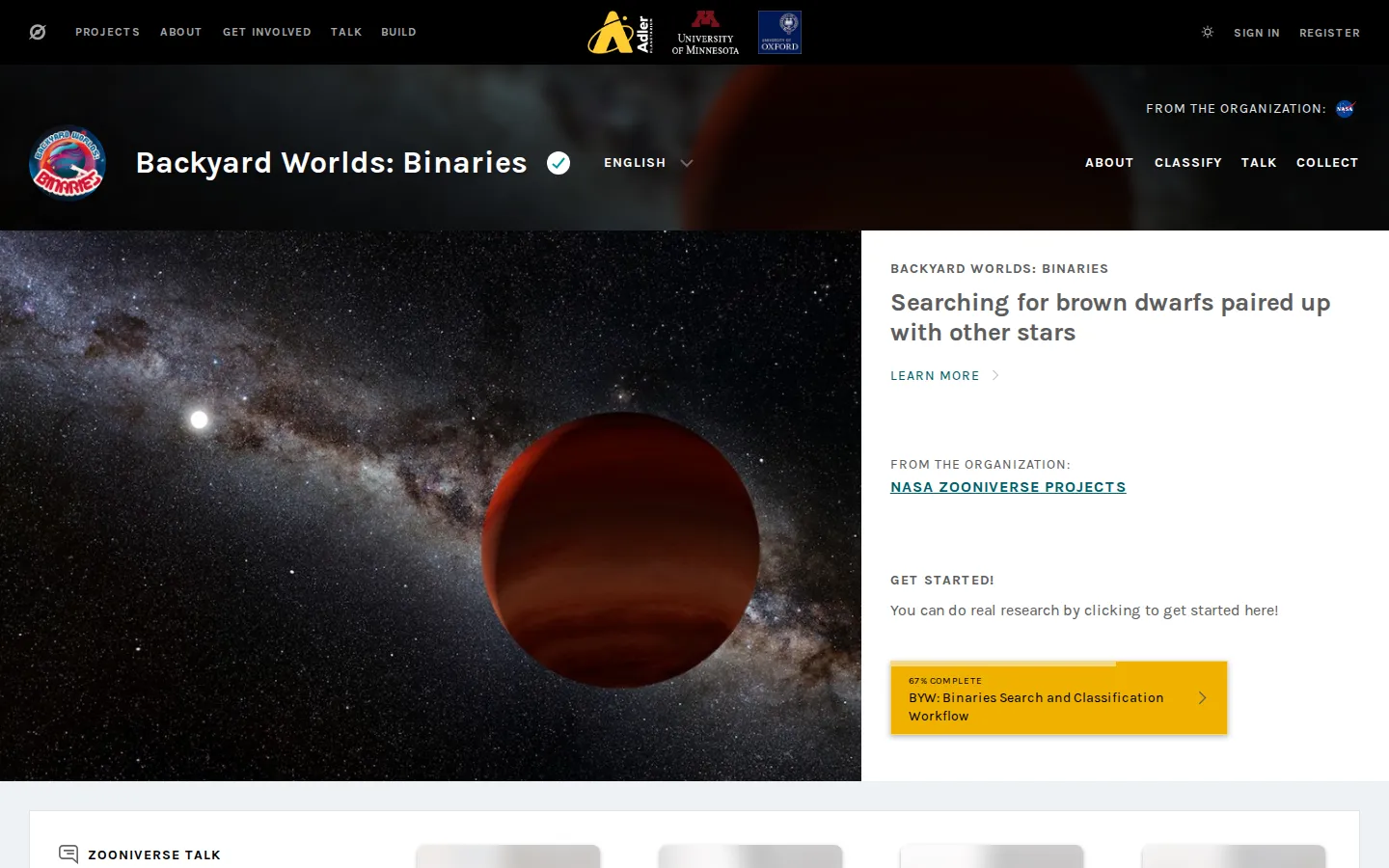 Backyard Worlds: Binaries website homepage screenshot