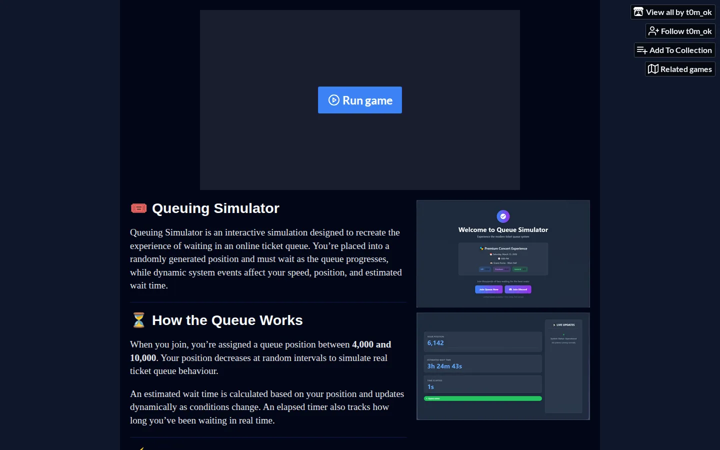 Queue Simulator website homepage screenshot