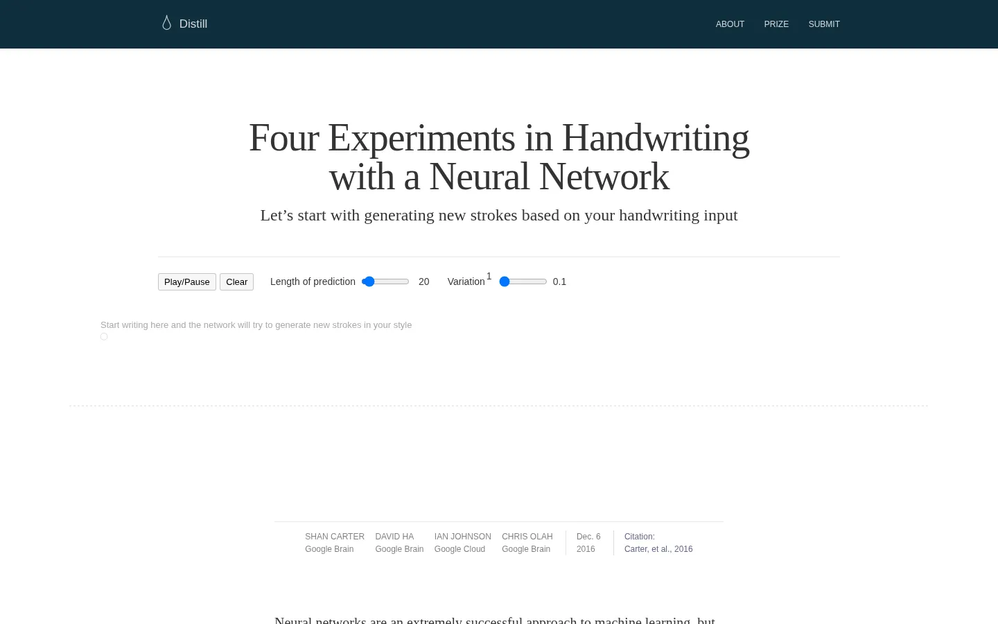 Experiments in Handwriting with a Neural Network website homepage screenshot