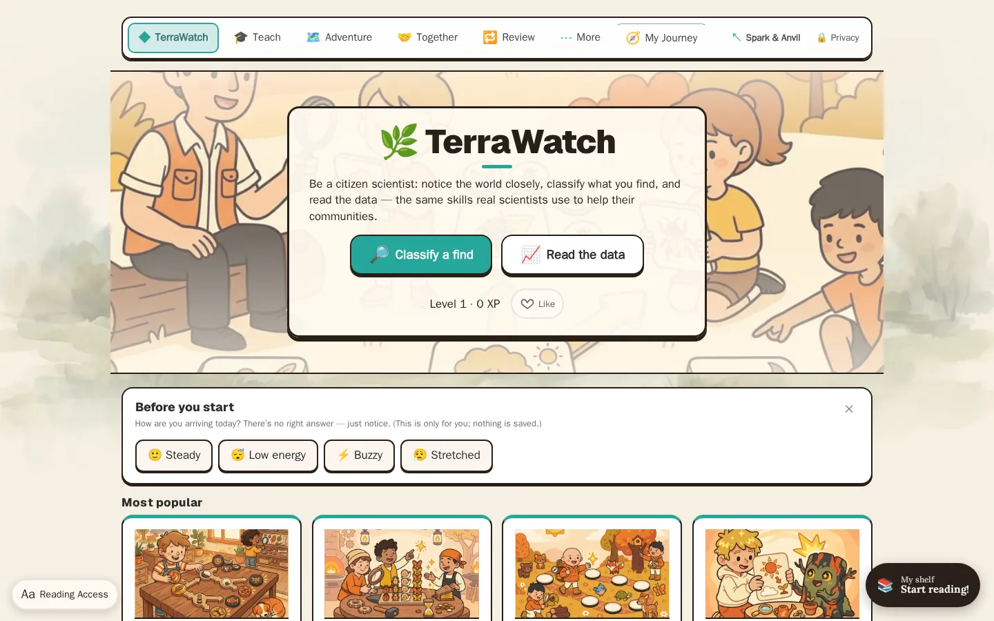 TerraWatch Play website homepage screenshot