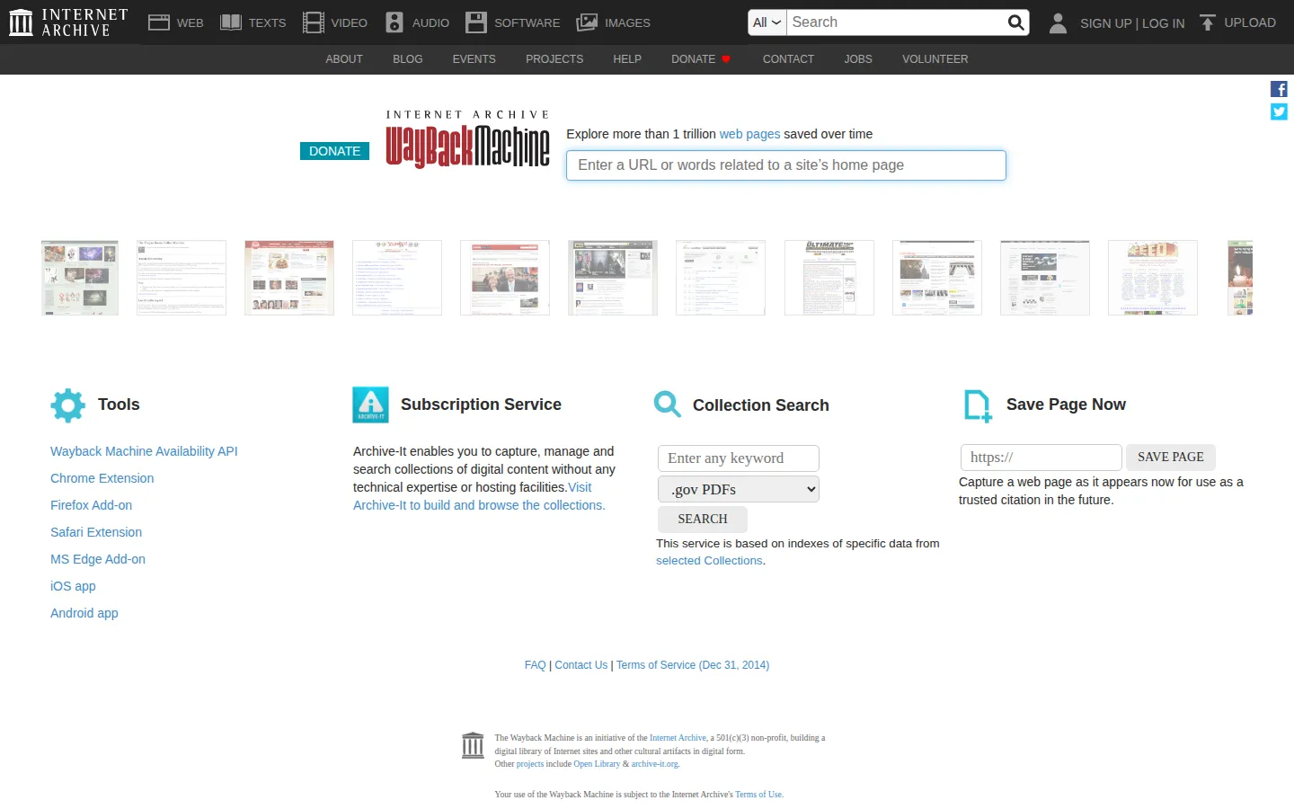 Wayback Machine website homepage screenshot