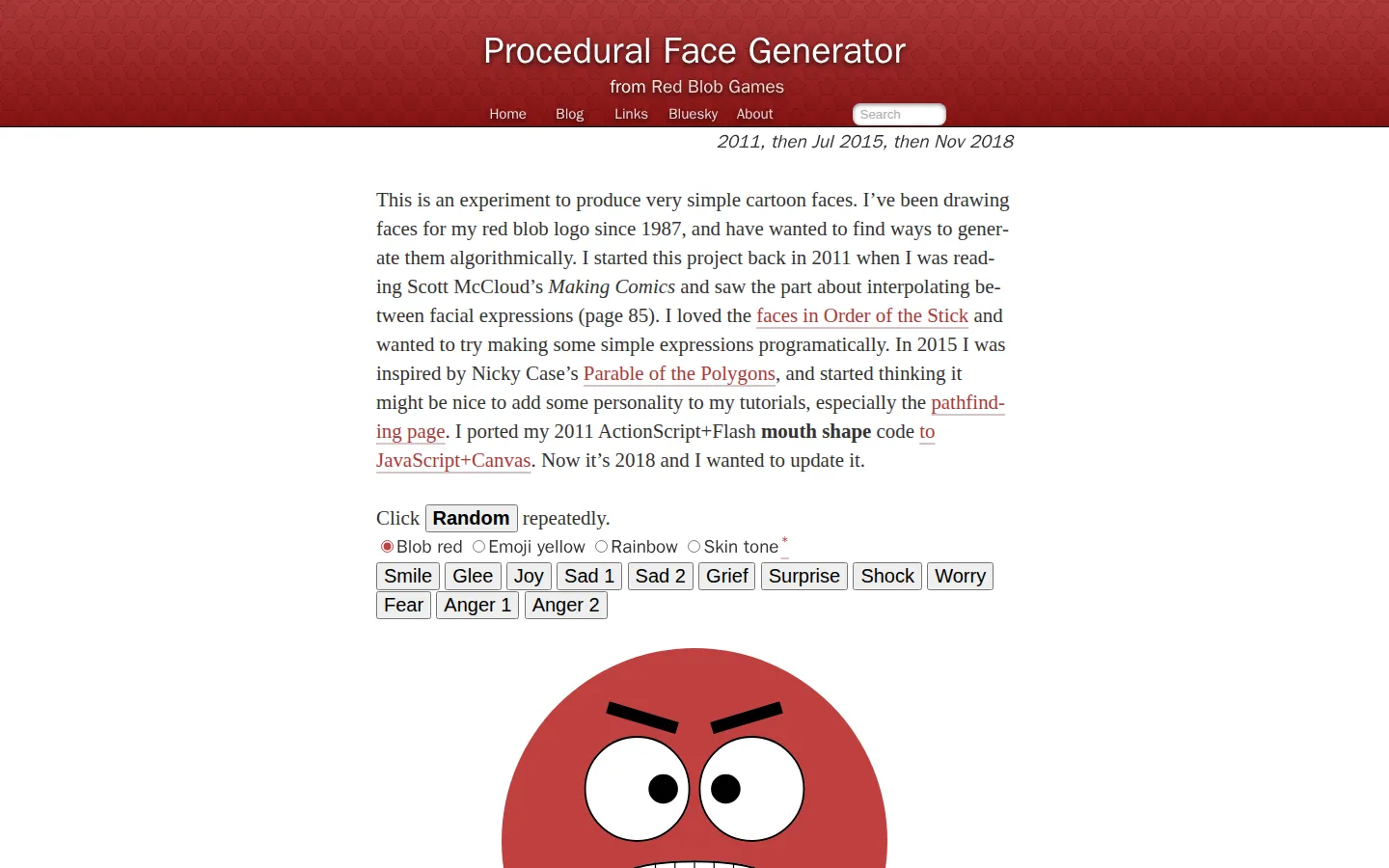 Procedural Face Generator website homepage screenshot