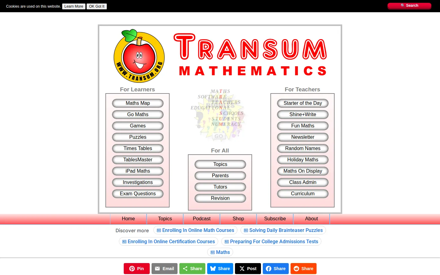 Transum Mathematics website homepage screenshot