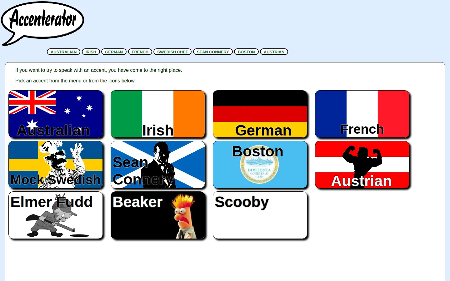 Accenterator website homepage screenshot