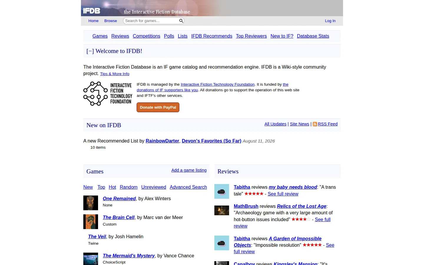 IFDB (Interactive Fic) website homepage screenshot