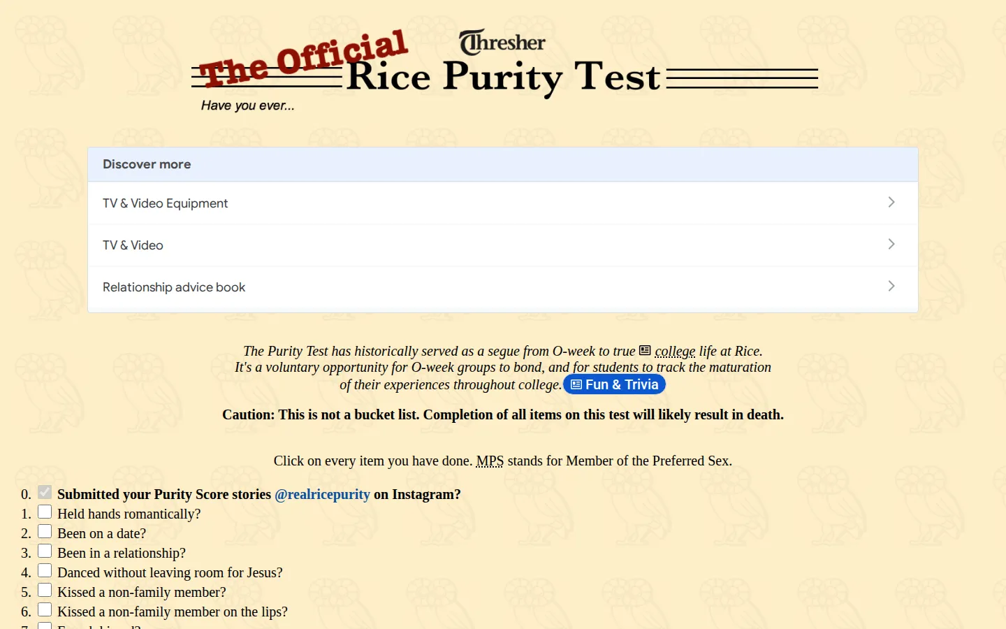 Rice Purity Test website homepage screenshot