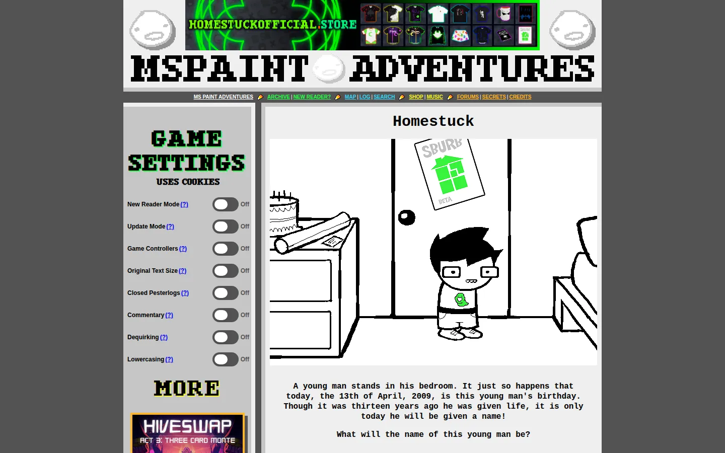 homestuck.com website homepage screenshot