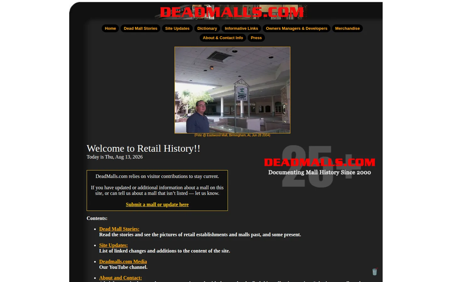 Dead Malls website homepage screenshot