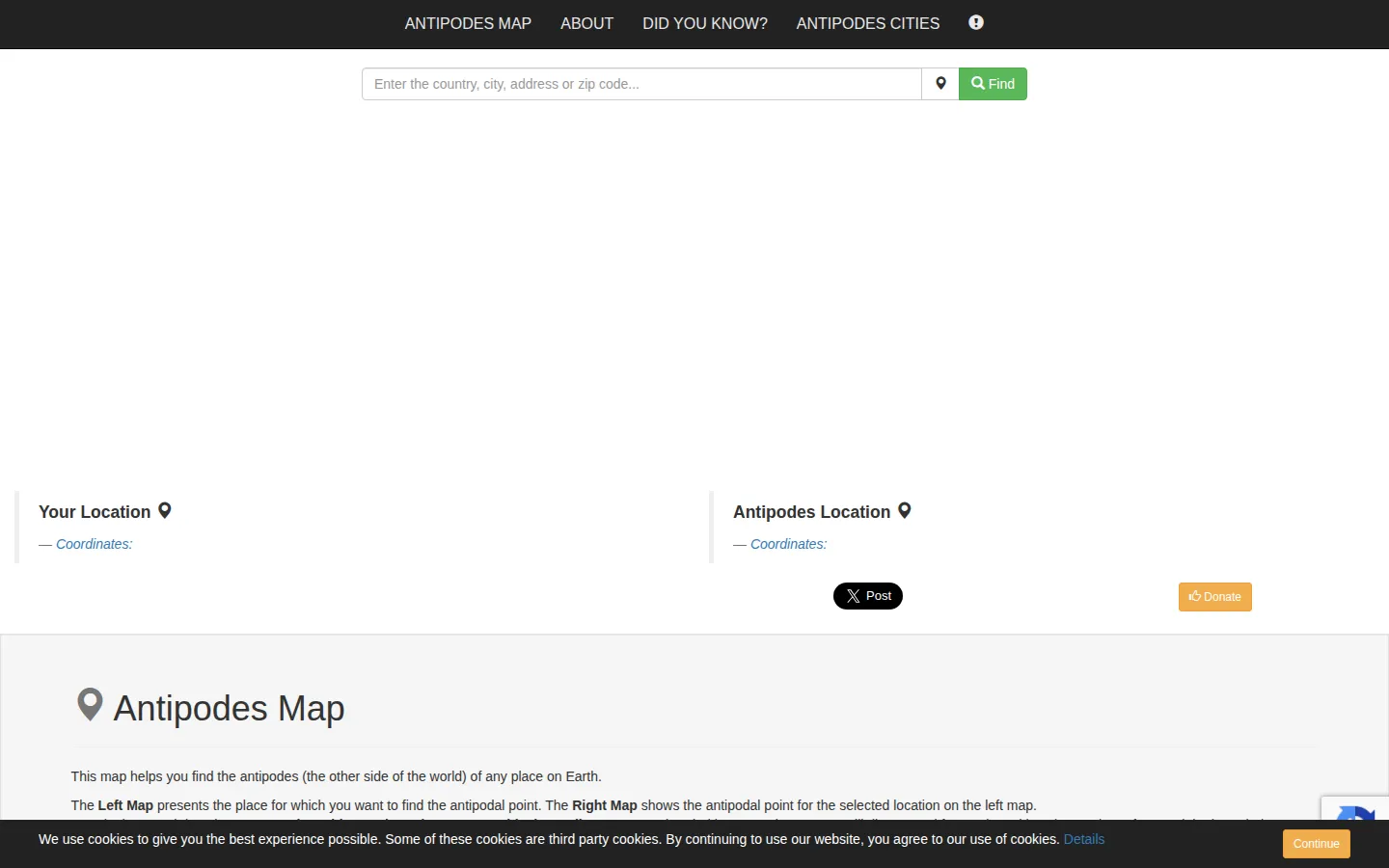 Antipodes Map website homepage screenshot